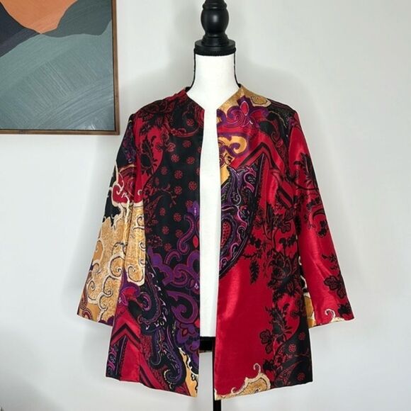 Chicos open front silky, blazer, size 2, Holiday Splendor Print Jacket - Picture 1 of 10